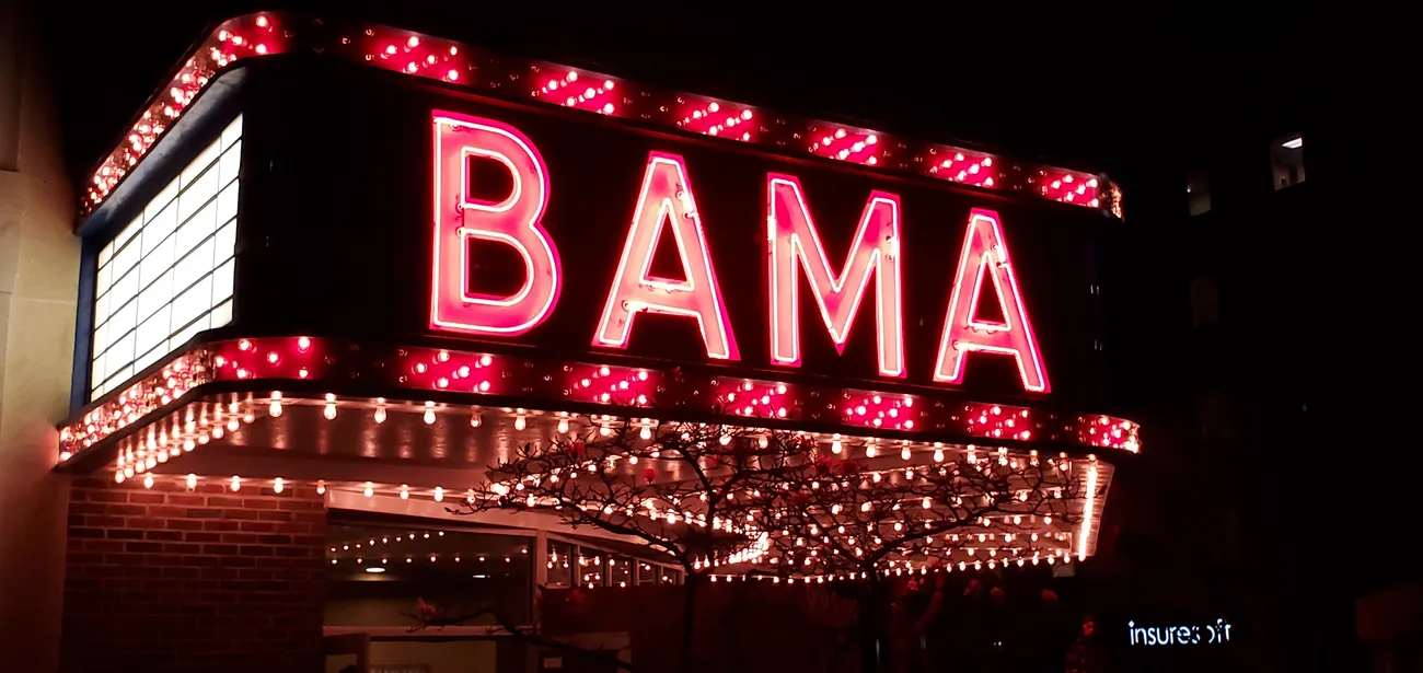 Bama Theatre Sign lit up
